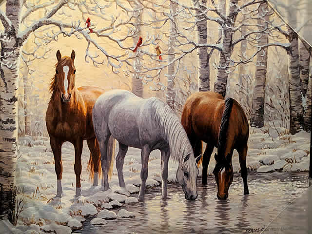 Лошади зимой в лесу на водопое