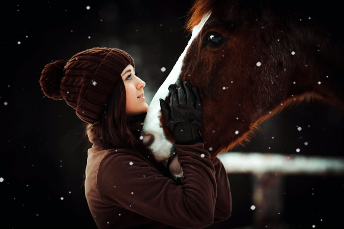 девушка обнимает лошадь зимой