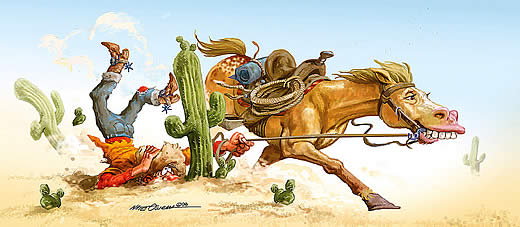 Лошадь и упавший всадник. Карикатура